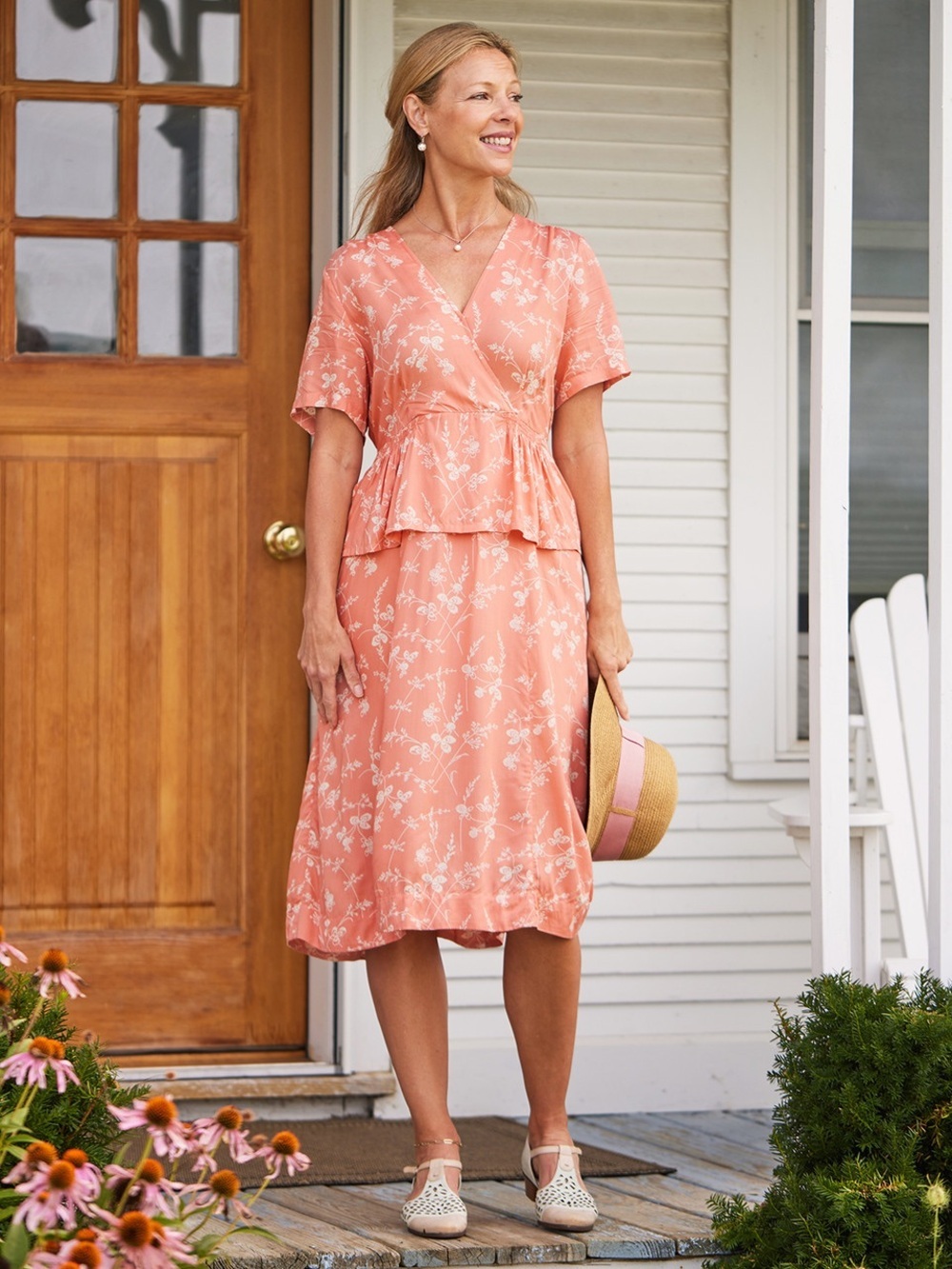 386. April Cornell Floral Peach Peplum Midi Dress